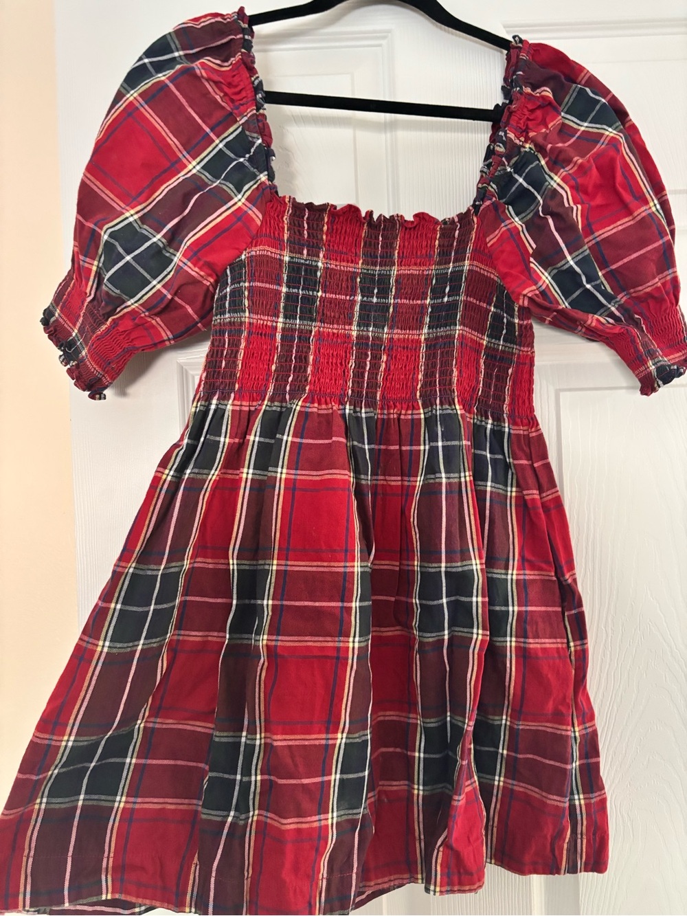 Hill House Red Plaid Puff-Sleeve Mini Dress